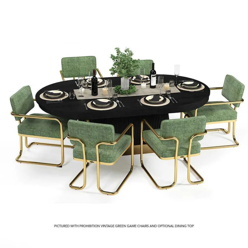 RAM Game Room PRO84TXTBL-B black oval dining table with green chairs