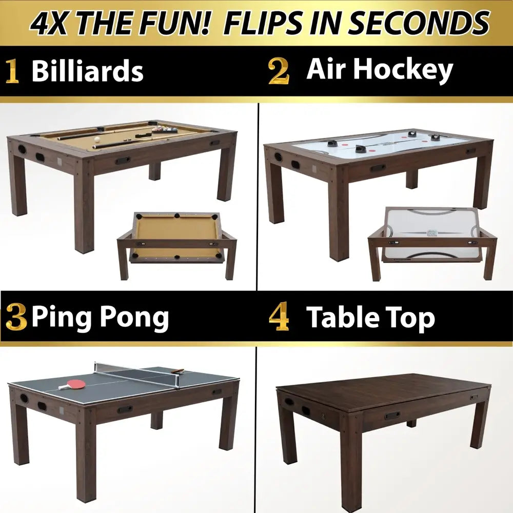 A four-panel grid demonstrating the versatility of the Freetime Fun Transformer 4-in-1 Game Table in Espresso Finish. The graphic illustrates how the table flips in seconds to transition between four modes: 1) Billiards, 2) Air Hockey, 3) Ping Pong with net and paddles, and 4) a smooth wooden Dining Table Top.