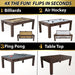 A four-panel grid demonstrating the versatility of the Freetime Fun Transformer 4-in-1 Game Table in Espresso Finish. The graphic illustrates how the table flips in seconds to transition between four modes: 1) Billiards, 2) Air Hockey, 3) Ping Pong with net and paddles, and 4) a smooth wooden Dining Table Top.