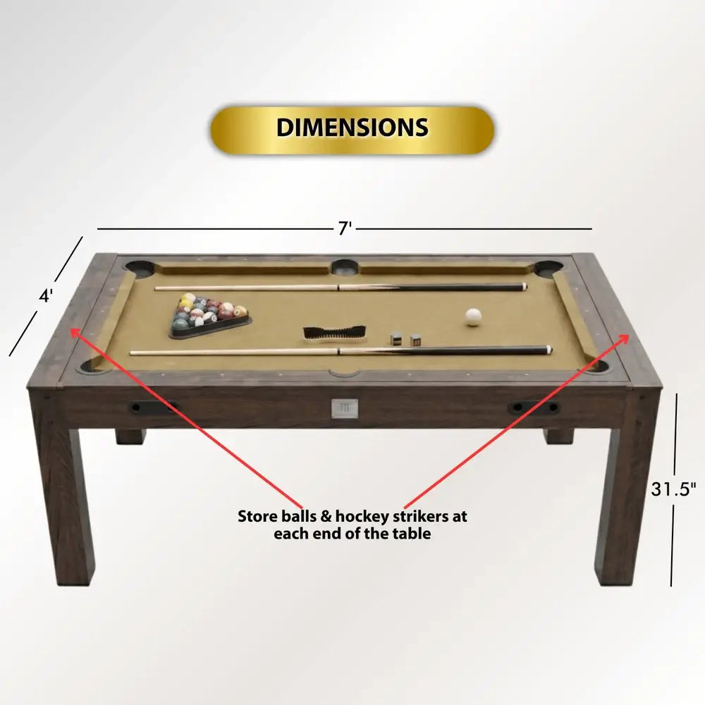 Dimension guide infographic for the 7-foot Freetime Fun Transformer 4-in-1 Game Table. The top-down view shows the espresso-finished table setup for pool, labeled with measurements of 7 feet in length, 4 feet in width, and 31.5 inches in height, alongside callouts pointing to the built-in accessory storage at each end.