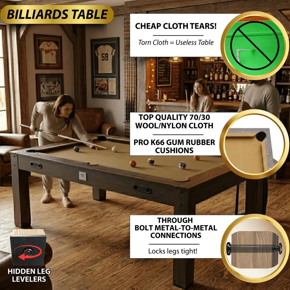 Infographic of the Freetime Fun Transformer 4-in-1 Game Table in Espresso Finish set up as a billiards table. A person lines up a pool shot on the tan playing surface, with diagrams highlighting features like the 70/30 wool-nylon cloth, pro K66 gum rubber cushions, through-bolt metal-to-metal leg connections, and hidden leg levelers.