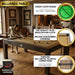Infographic of the Freetime Fun Transformer 4-in-1 Game Table in Espresso Finish set up as a billiards table. A person lines up a pool shot on the tan playing surface, with diagrams highlighting features like the 70/30 wool-nylon cloth, pro K66 gum rubber cushions, through-bolt metal-to-metal leg connections, and hidden leg levelers.