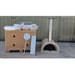 WPPO Tuscany DIY wood-fired oven kit beside shipping crate with chimney, pizza peel, insulation, and assembly materials.