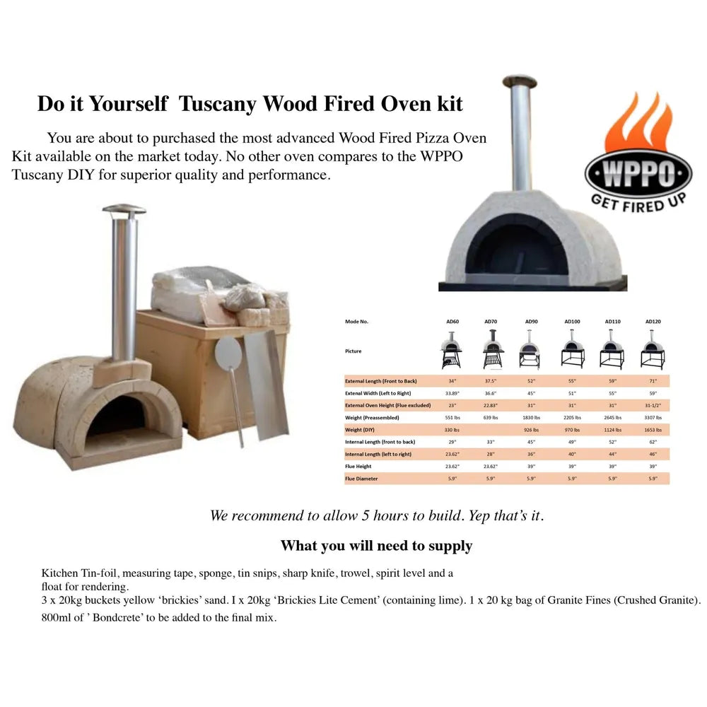 WPPO Tuscany DIY wood-fired oven kit spec sheet with model chart, dimensions, WPPO logo, and assembly instructions.