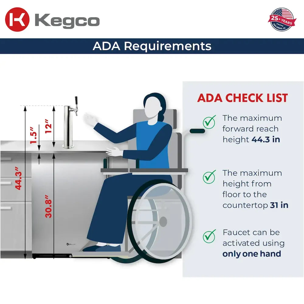 Kegco V32ADA-BSL ADA kegerator requirements diagram showing 31" countertop height and 44.3" max forward reach for wheelchair access