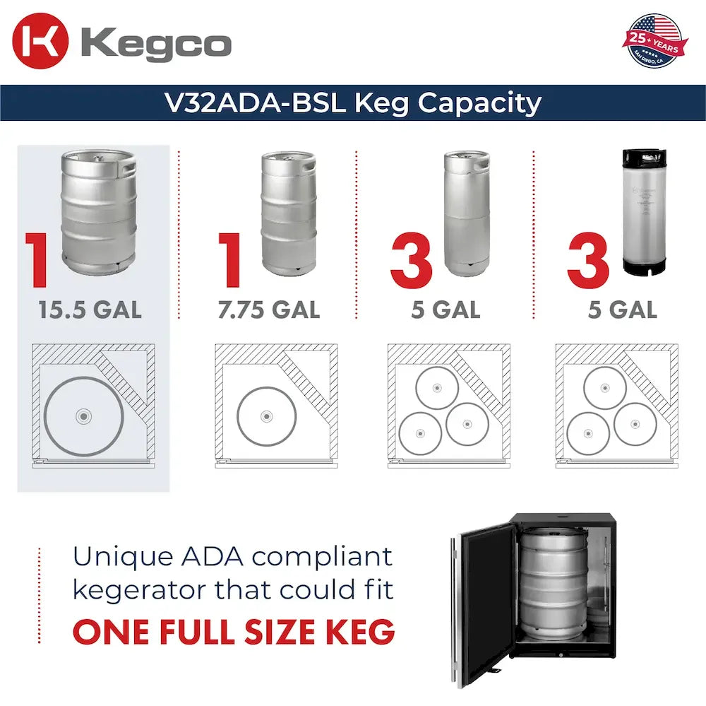 Kegco V32ADA-BSL keg capacity chart fitting one full size keg, one sixth barrel, or three Cornelius ball lock kegs