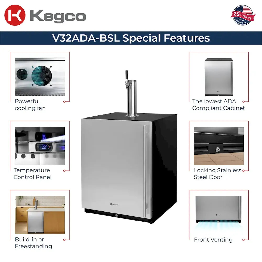 Kegco V32ADA-BSL ADA kegerator special features including cooling fan, locking stainless steel door, and front venting