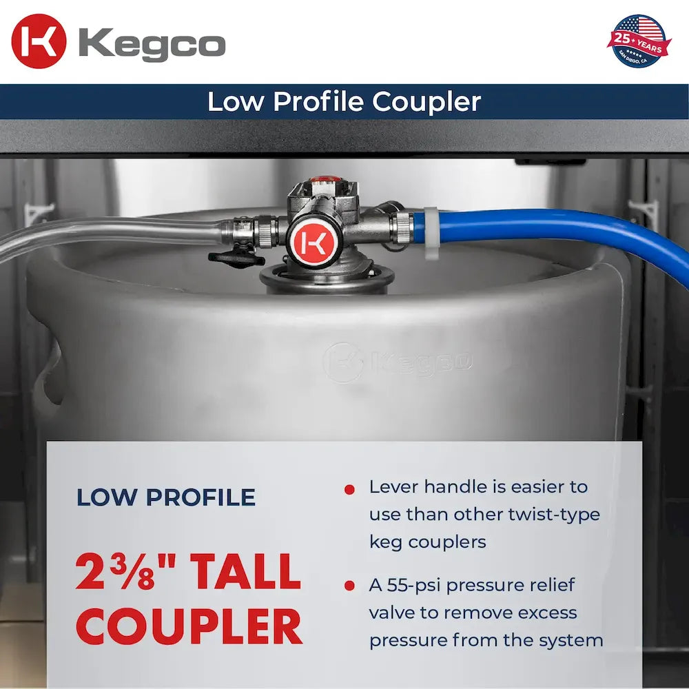 Kegco low profile 2⅜" tall Sankey keg coupler with lever handle and 55-psi pressure relief valve