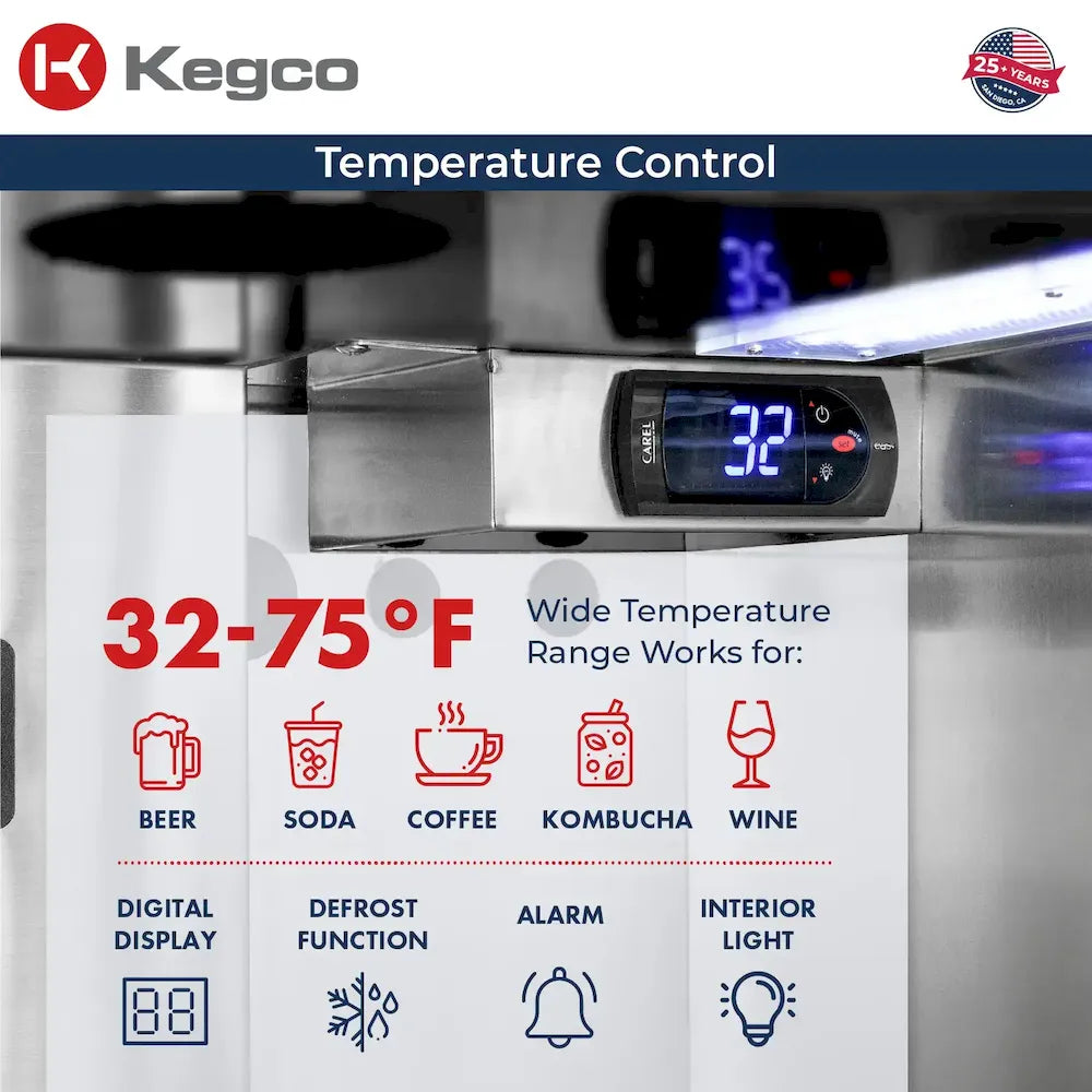 Kegco ADA kegerator digital temperature control with 32-75°F range for beer, soda, coffee, kombucha, and wine