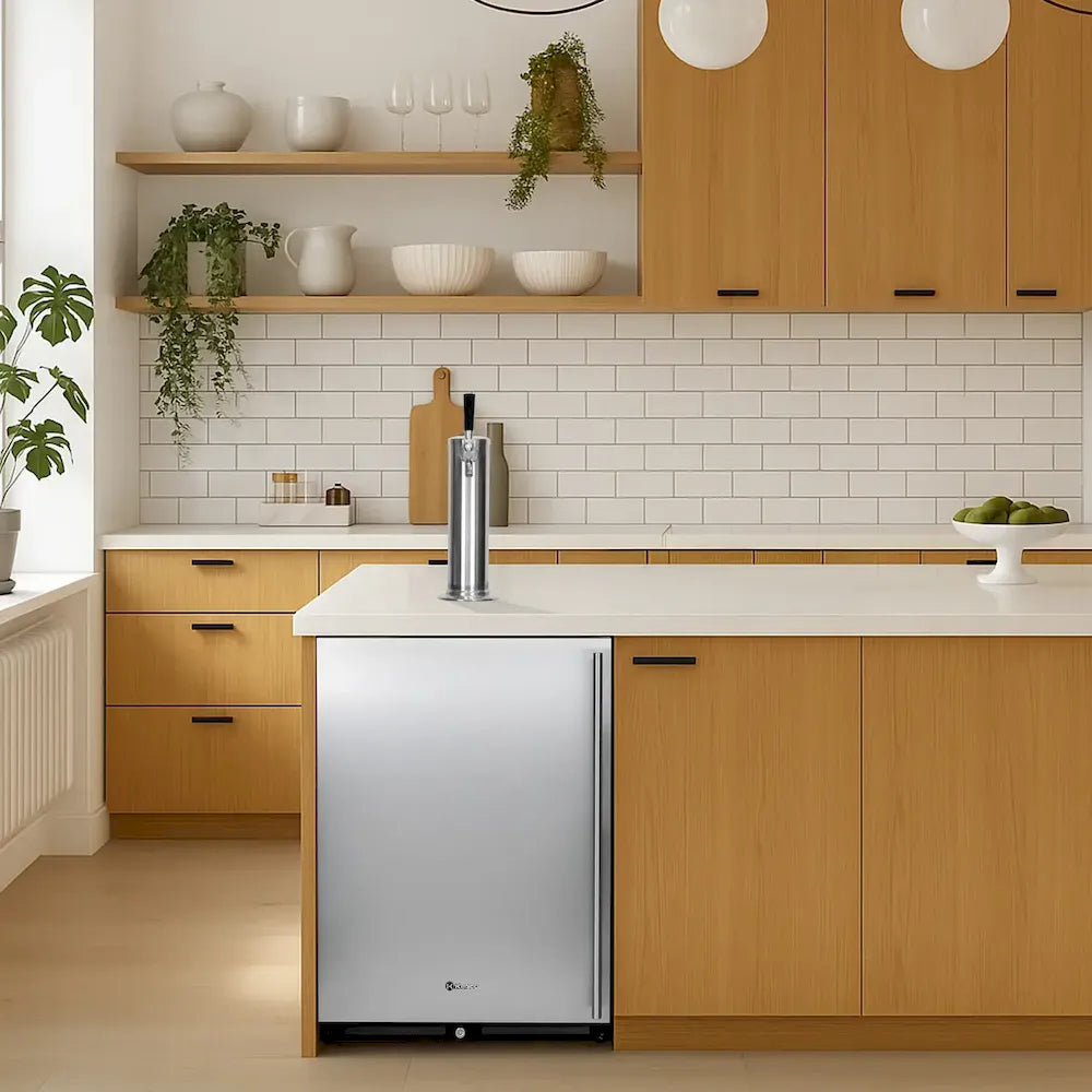 Kegco 24" Single Tap ADA Kegerator built into a modern kitchen island with stainless steel front and draft tower