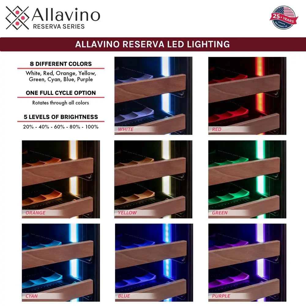 Infographic chart displaying the 8 different LED interior lighting color options—including White, Red, Orange, Yellow, Green, Cyan, Blue, and Purple—available on the Allavino Reserva Series wine refrigerator.