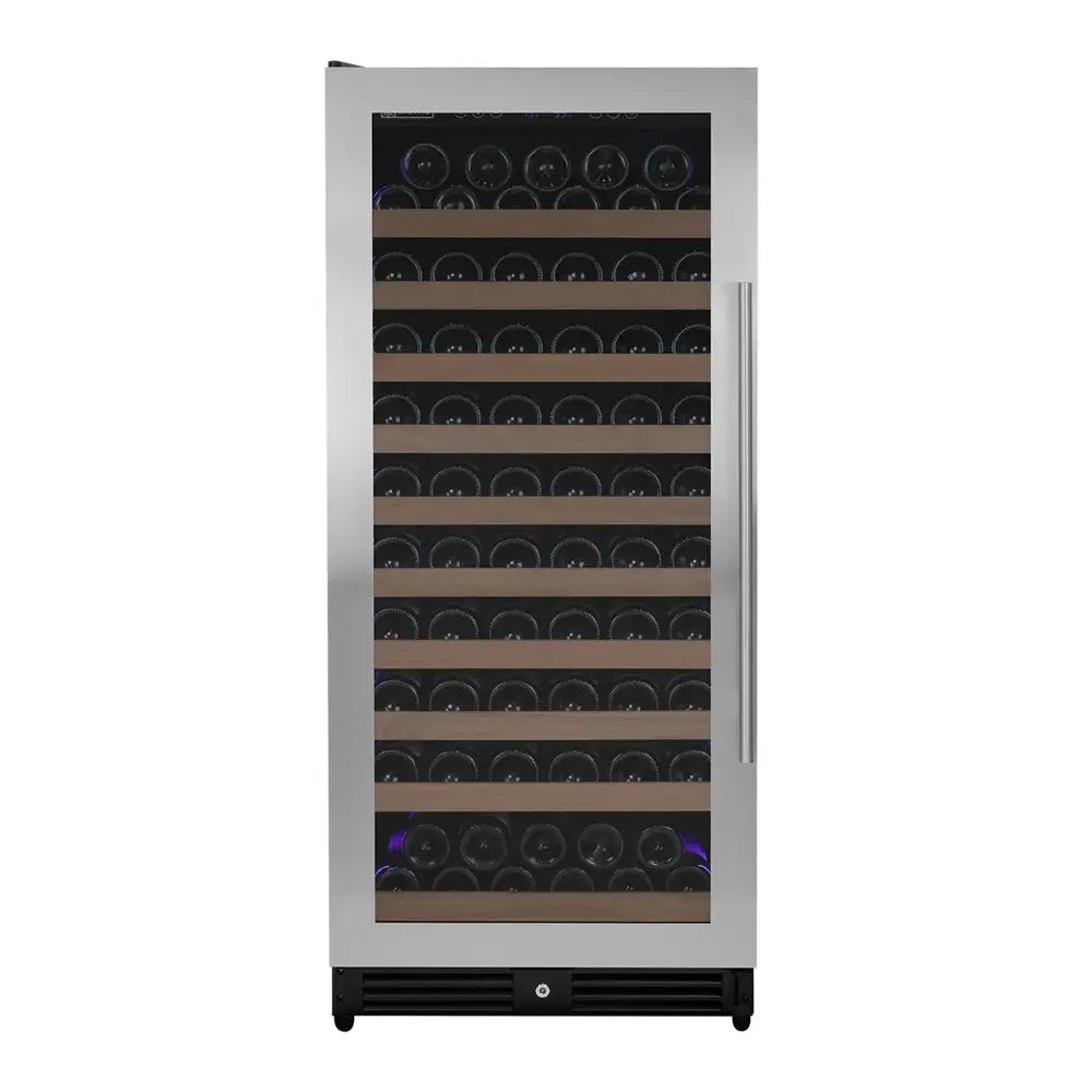 Front view of the Allavino VSW11955S-1SL 119-bottle wine refrigerator featuring a closed seamless stainless steel glass door, vertical towel bar handle, and fully visible rows of wine bottles on wood-trimmed shelves.