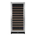 Front view of the Allavino VSW11955S-1SL 119-bottle wine refrigerator featuring a closed seamless stainless steel glass door, vertical towel bar handle, and fully visible rows of wine bottles on wood-trimmed shelves.