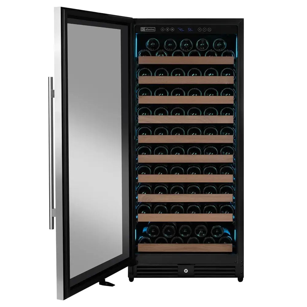 Allavino VSW11955S-1SL wine refrigerator with the door swung open, showcasing the modern internal cyan LED accent lighting illuminating multiple rows of wine bottles resting on extendable wood racks.