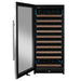 Allavino VSW11955S-1SL wine refrigerator with the door swung open, showcasing the modern internal cyan LED accent lighting illuminating multiple rows of wine bottles resting on extendable wood racks.