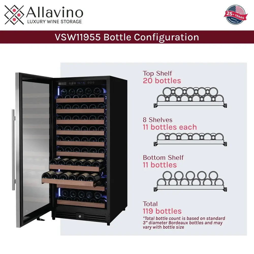 Bottle configuration diagram for Allavino VSW11955S-1SL wine refrigerator, illustrating a 119-bottle total capacity across the top shelf, 8 middle shelves, and bottom shelf.
