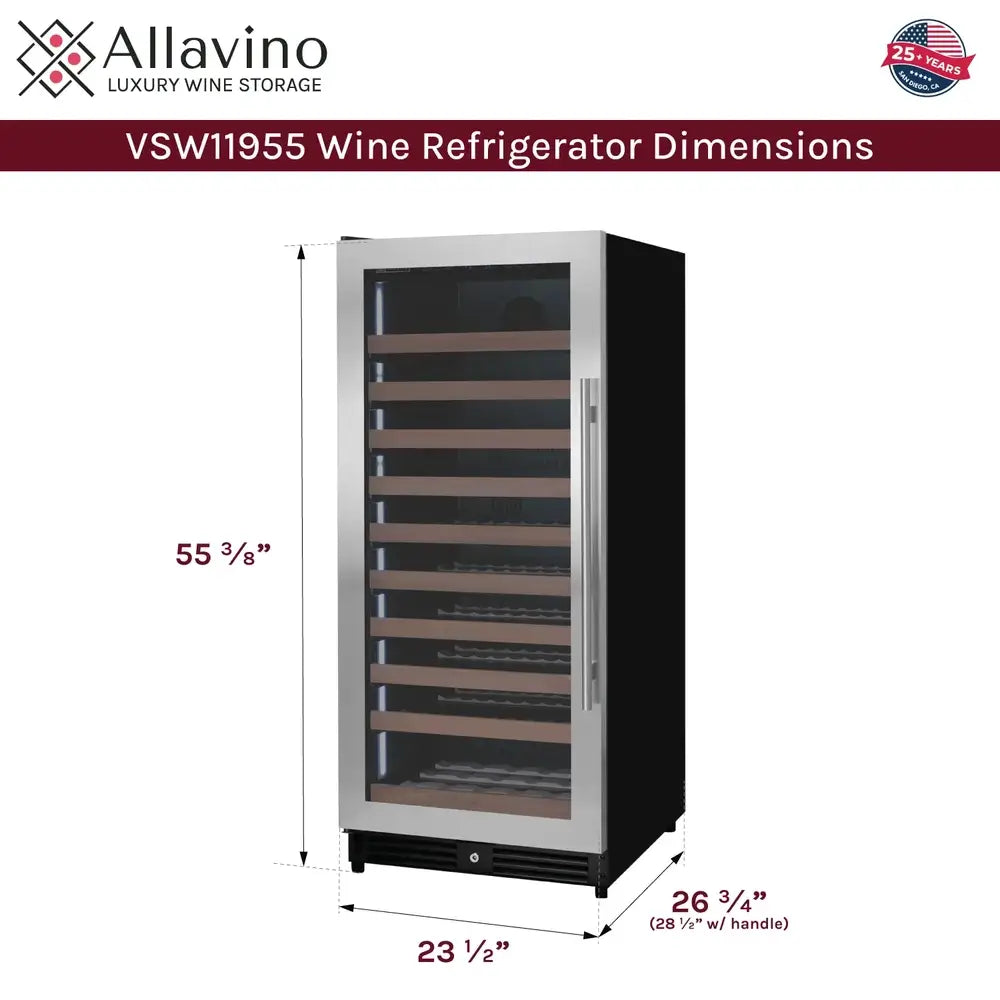 Size and dimensions infographic for Allavino VSW11955S-1SL wine refrigerator, showing a height of 55 3/8 inches, width of 23 1/2 inches, and depth of 26 3/4 inches.