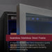 Close-up feature infographic highlighting the fingerprint-resistant seamless stainless steel door frame of an Allavino wine cooler, emphasizing its thick, durable construction and structural integrity.
