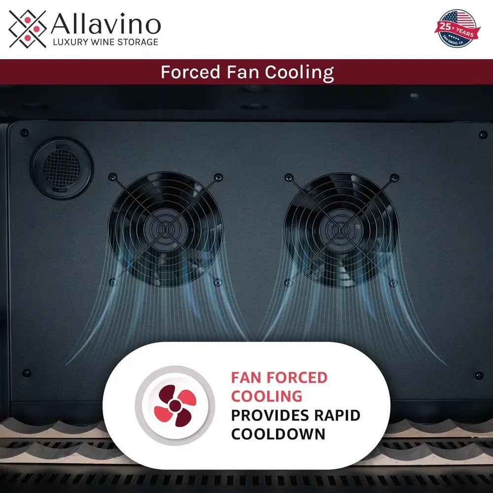 Technical infographic displaying the dual internal fan-forced cooling system inside an Allavino Luxury Wine Storage unit, illustrating rapid cooldown and consistent air circulation.