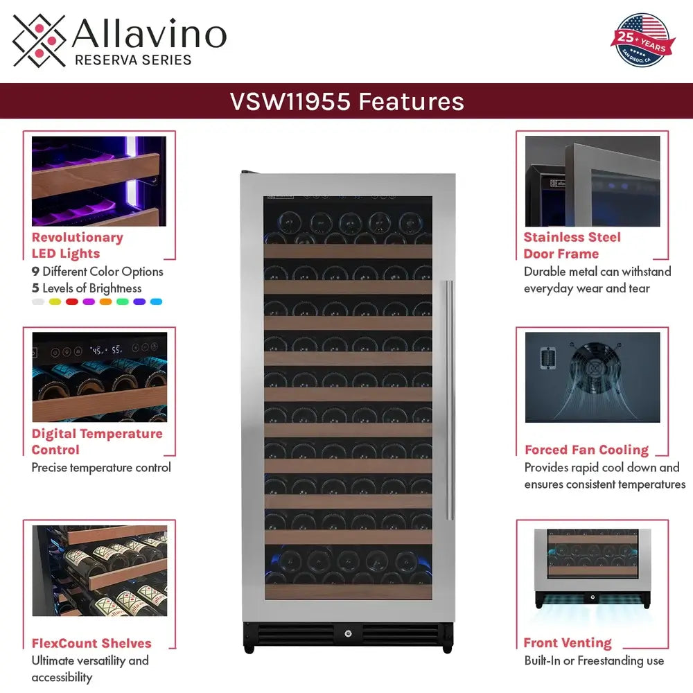 Key features infographic of the Allavino VSW11955S-1SL Reserva Series wine cooler, highlighting digital temperature controls, LED lights, FlexCount shelves, and front venting.