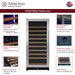 Key features infographic of the Allavino VSW11955S-1SL Reserva Series wine cooler, highlighting digital temperature controls, LED lights, FlexCount shelves, and front venting.