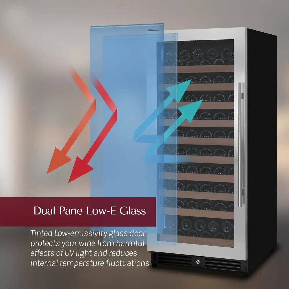 Diagram illustrating the dual-pane Low-E tinted glass door on an Allavino wine refrigerator, showing how it deflects external heat and harmful UV light rays to protect wine quality.