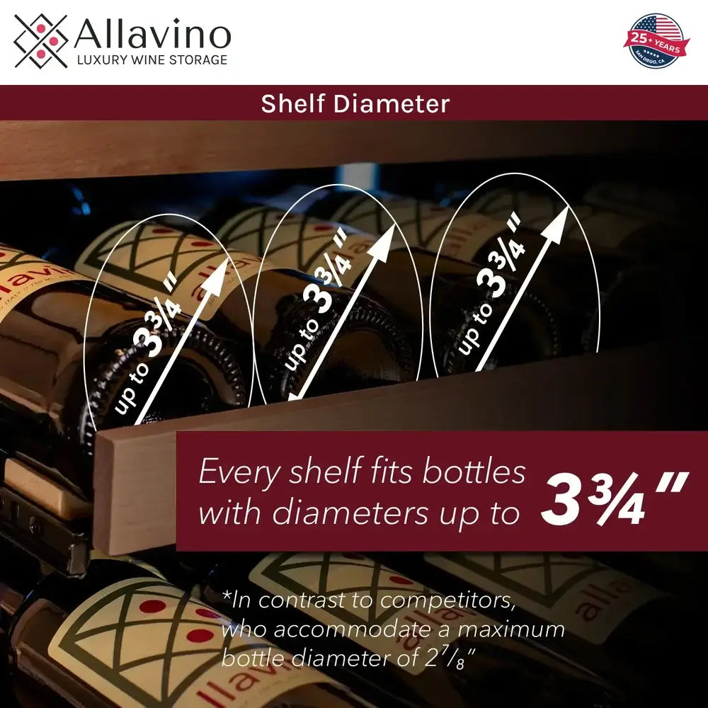 Shelf diameter specification chart for Allavino VSW11955S-1SL wine refrigerator, showing compatibility with larger wine bottles up to 3 3/4 inches in diameter.