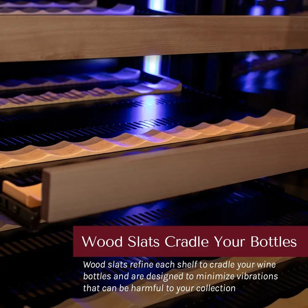 Close-up of the vibration-reducing wood slats on an Allavino VSW11955S-1SL wine refrigerator shelf designed to cradle and protect wine collections.