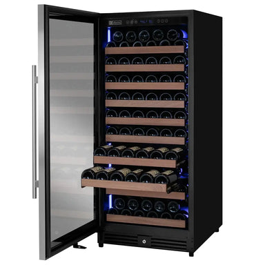 Allavino VSW11955S 119-bottle wine refrigerator with open stainless steel glass door, showcasing wood-trimmed shelves filled with wine bottles and illuminated by blue LED interior lighting.