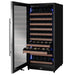 Allavino VSW11955S 119-bottle wine refrigerator with open stainless steel glass door, showcasing wood-trimmed shelves filled with wine bottles and illuminated by blue LED interior lighting.