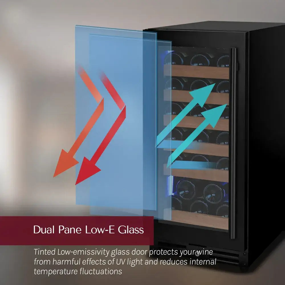 Allavino 15" wine refrigerator, dual pane Low-E glass door protecting wine from UV light.