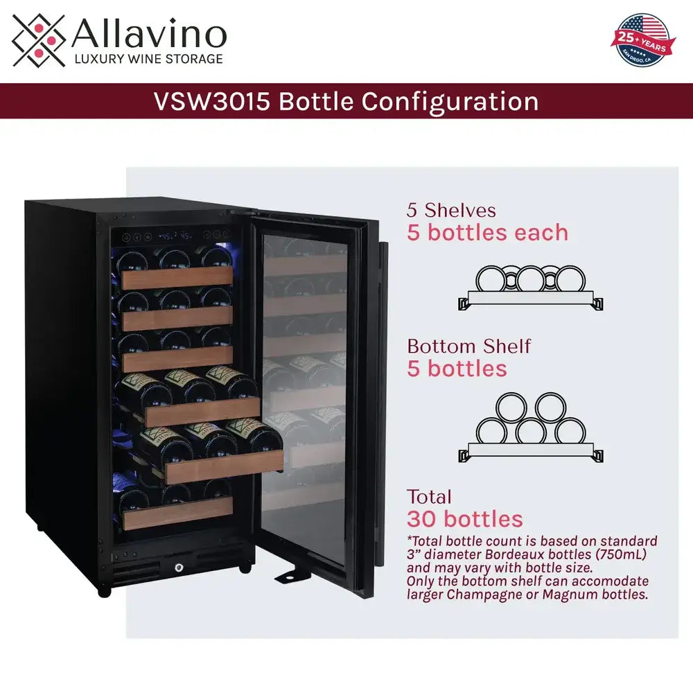 Allavino Reserva 15" wine refrigerator bottle configuration, 30 standard bottle capacity diagram.