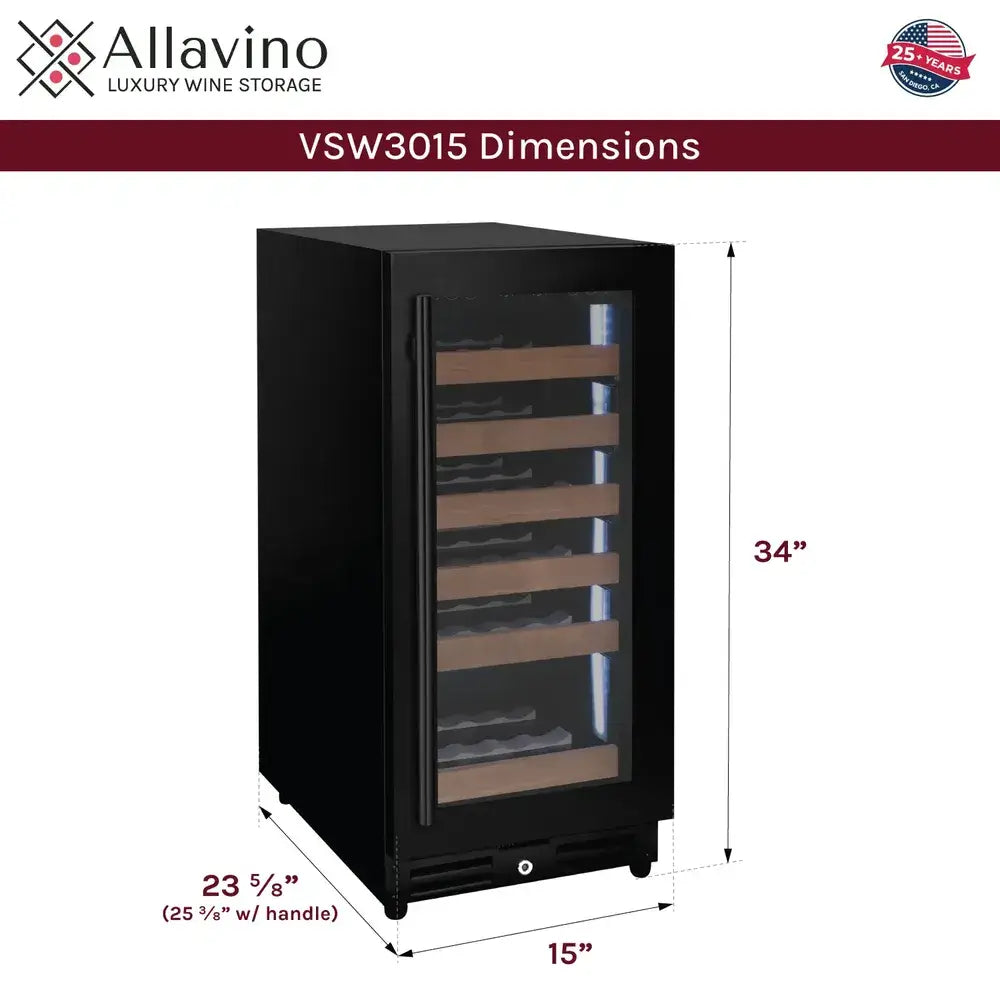 Allavino 15" wine refrigerator dimensions diagram, 34"H x 15"W built-in cooler.