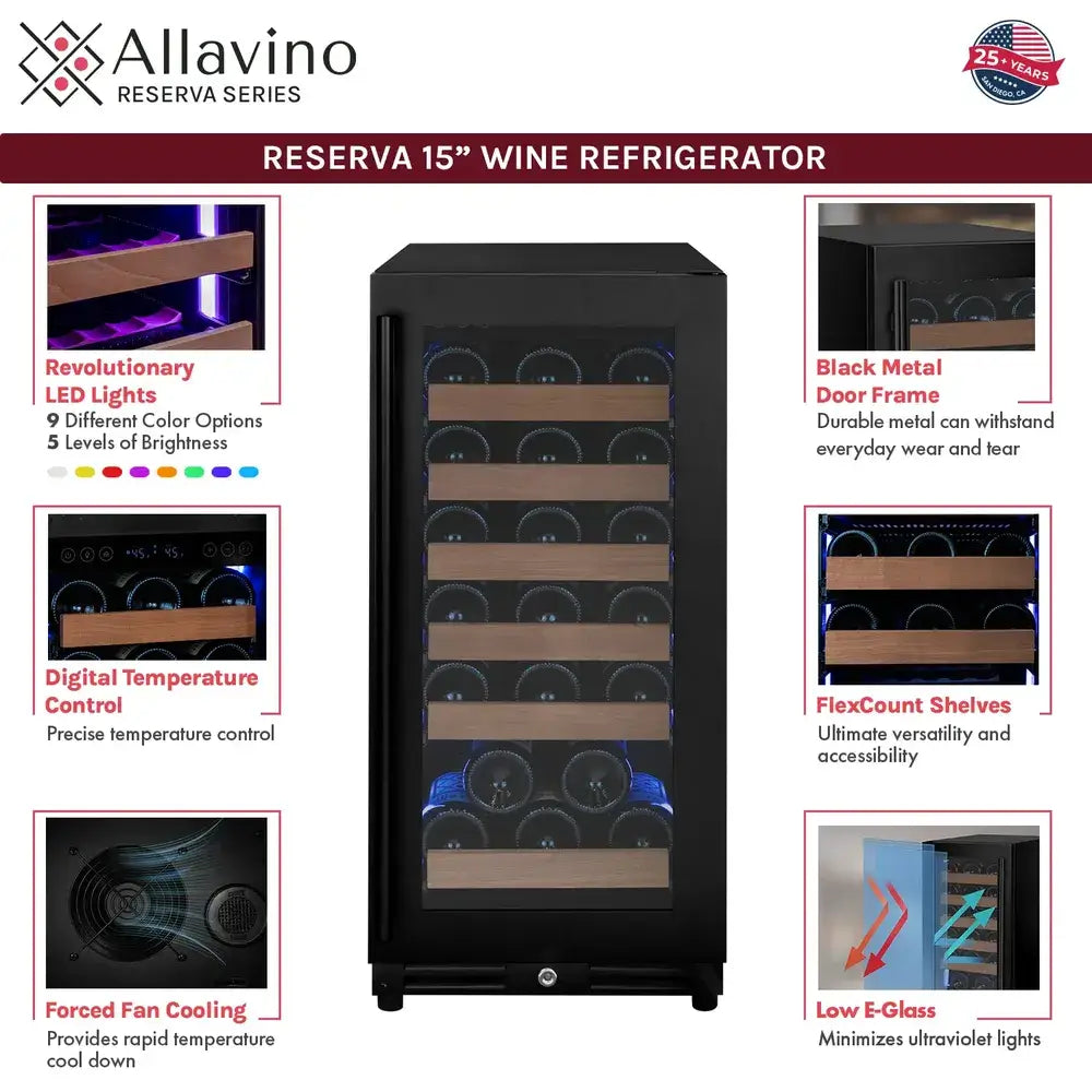 Allavino Reserva 15" wine refrigerator features: LED lights, digital control, Low-E glass.