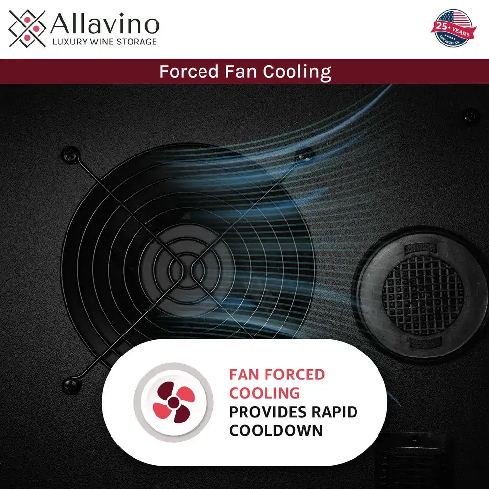 Allavino 15" wine cooler forced fan cooling system, rapid cooldown feature illustration.