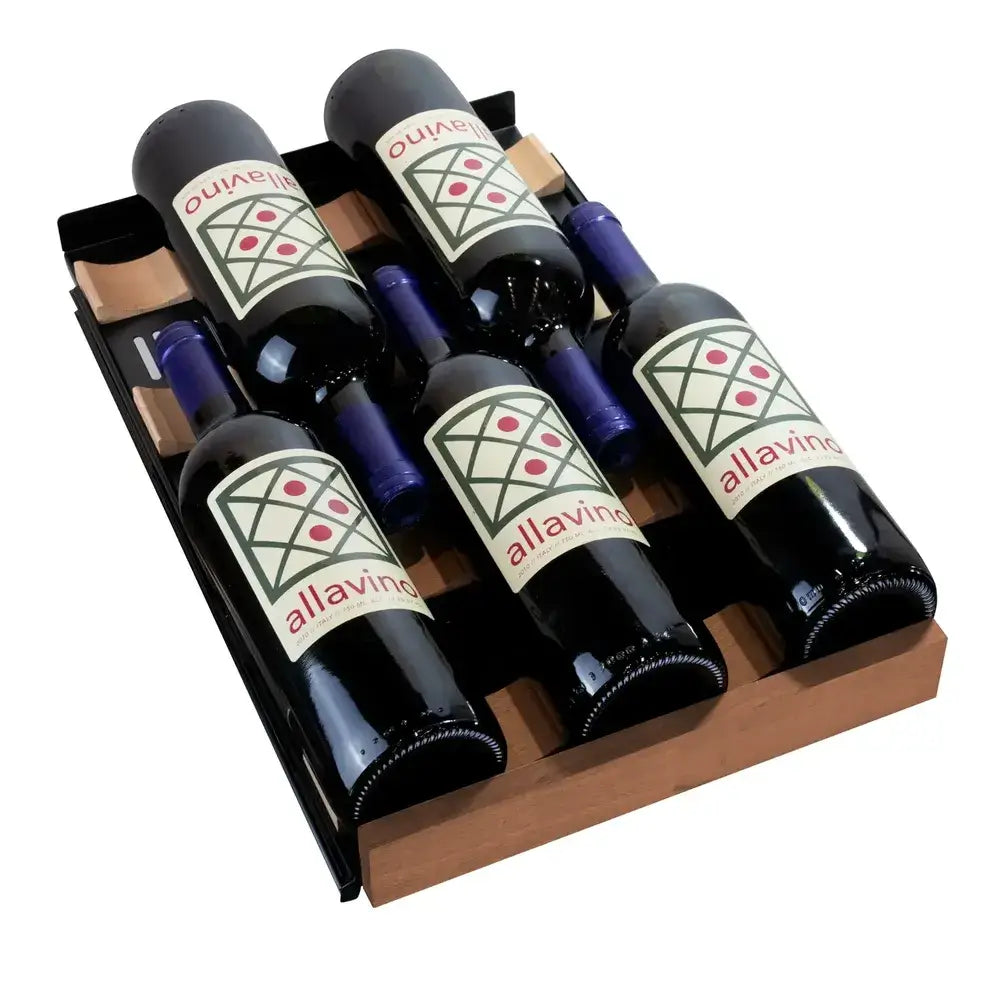 Allavino 15" wine refrigerator pull-out shelf, five Bordeaux wine bottles displayed.