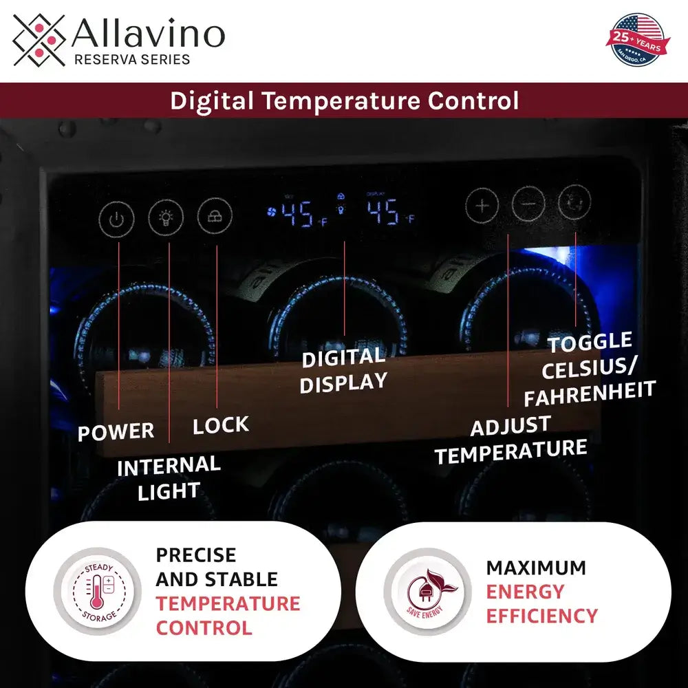 Allavino 15" wine cooler digital temperature control panel, dual zone display, energy efficient.