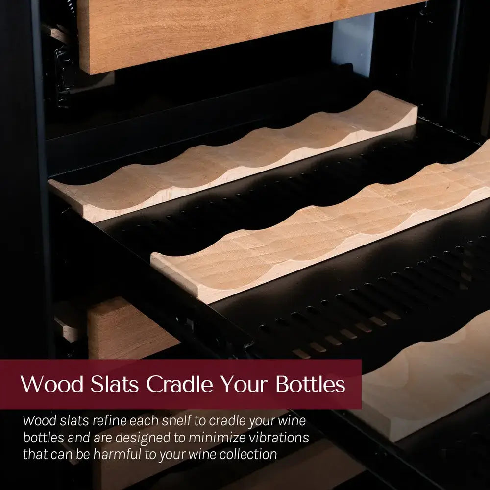 Allavino Reserva 15" wine cooler, close-up of wood slats on shelves to minimize vibration.