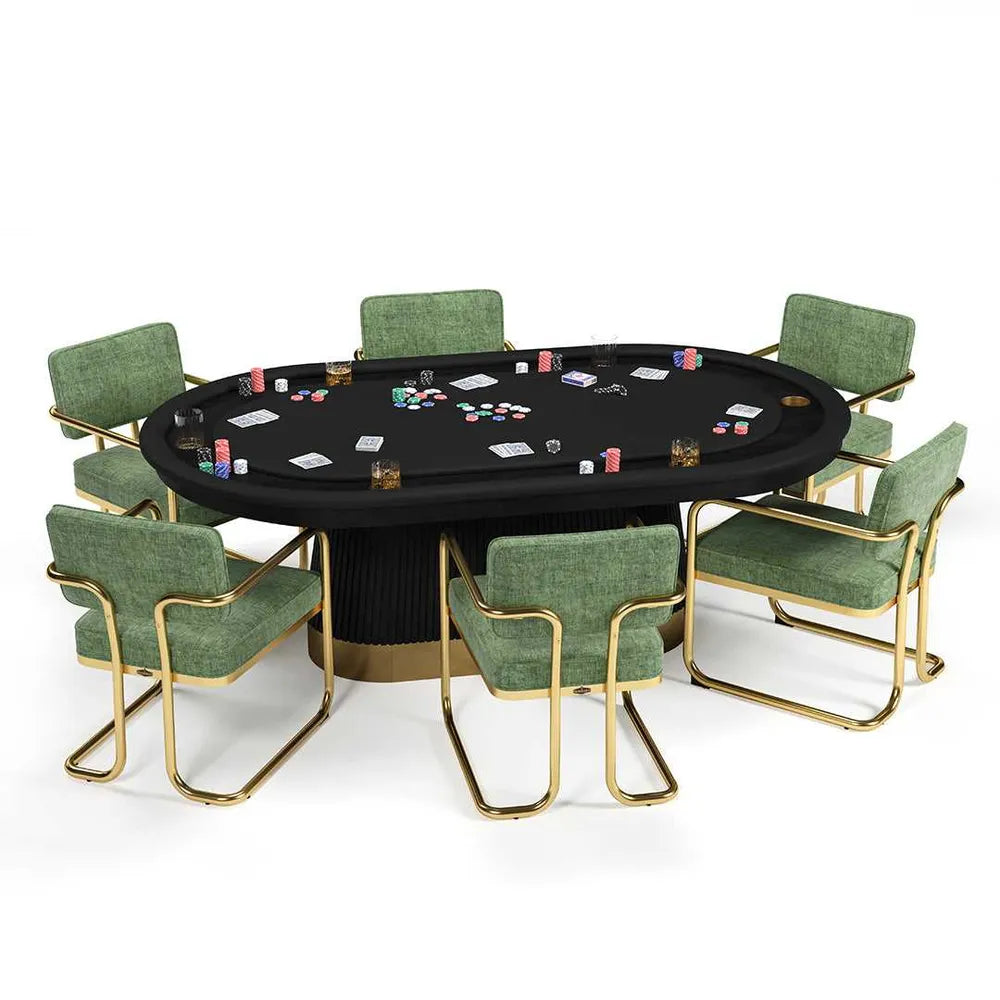 RAM Game Room PRO84TXTBL-B black oval poker table with chips and cards