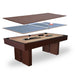 Convertible pool table with dining top and table tennis surface for multifunctional home game room use.