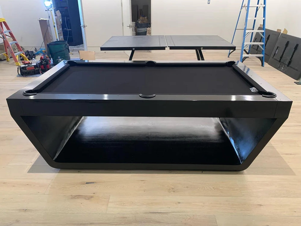 Side view of White Billiards Sofia modern slate pool table with bold black base