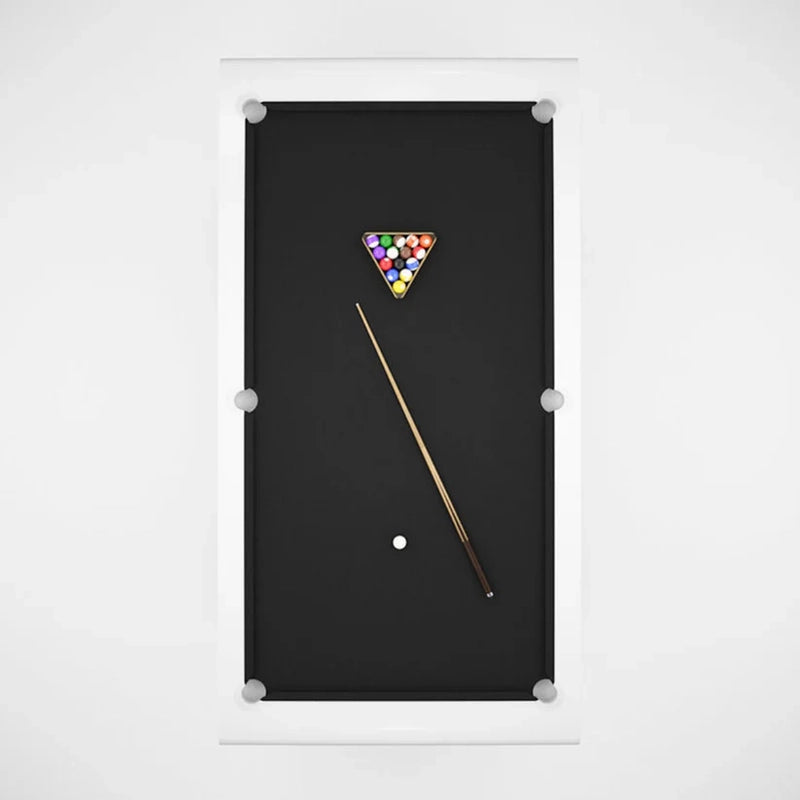 Top-down view of White Billiards Sofia slate table with black felt and cue