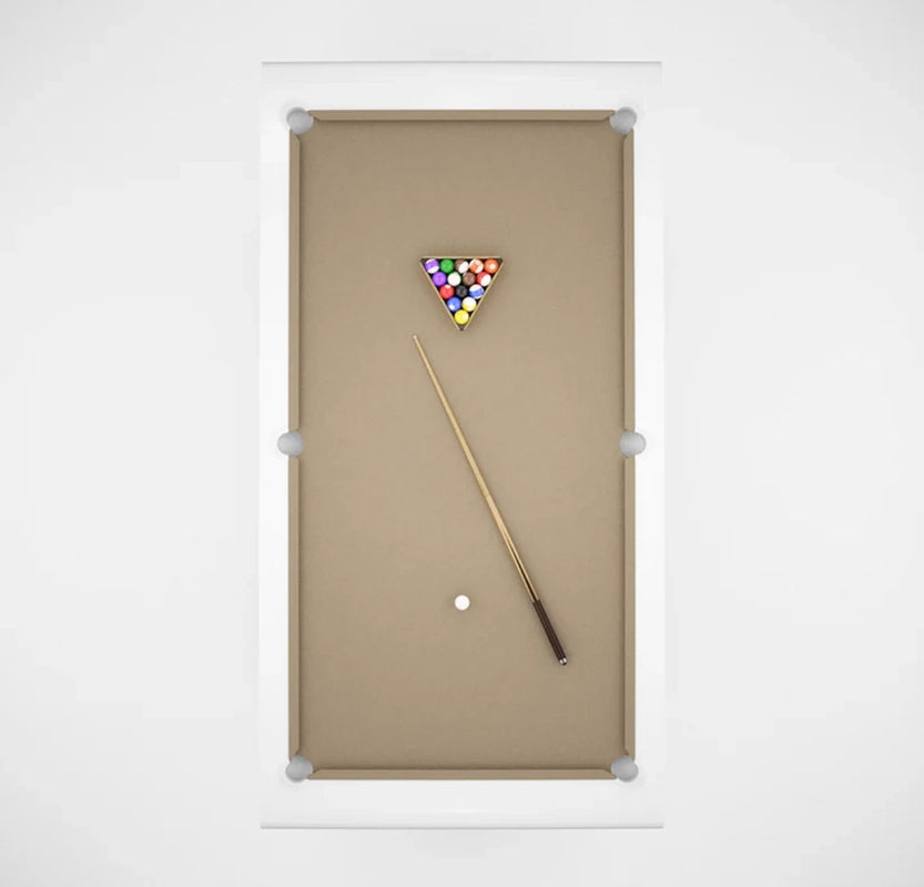 Top view of White Billiards Sofia pool table with custom beige felt