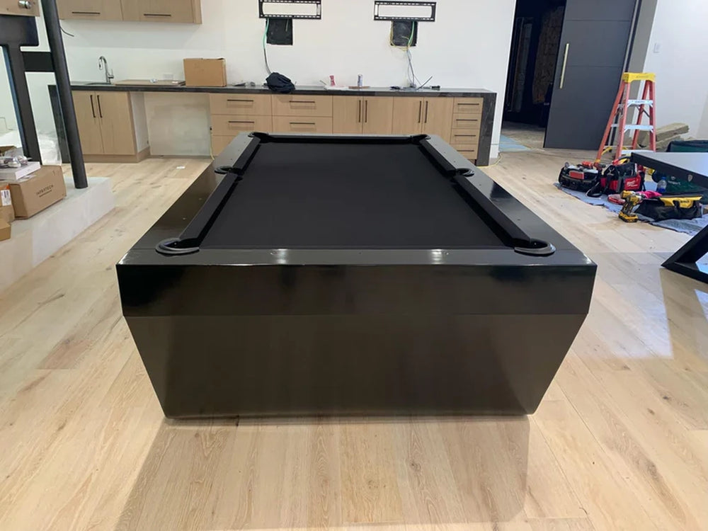 Front-facing view of White Billiards Sofia minimalist billiard table in matte black