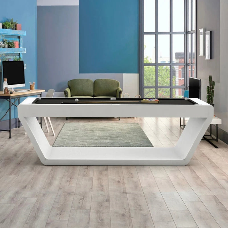 White Billiards Sofia pool table with sleek design and black felt in modern space