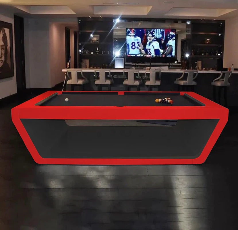 White Billiards Sofia modern pool table with bold red base and black felt