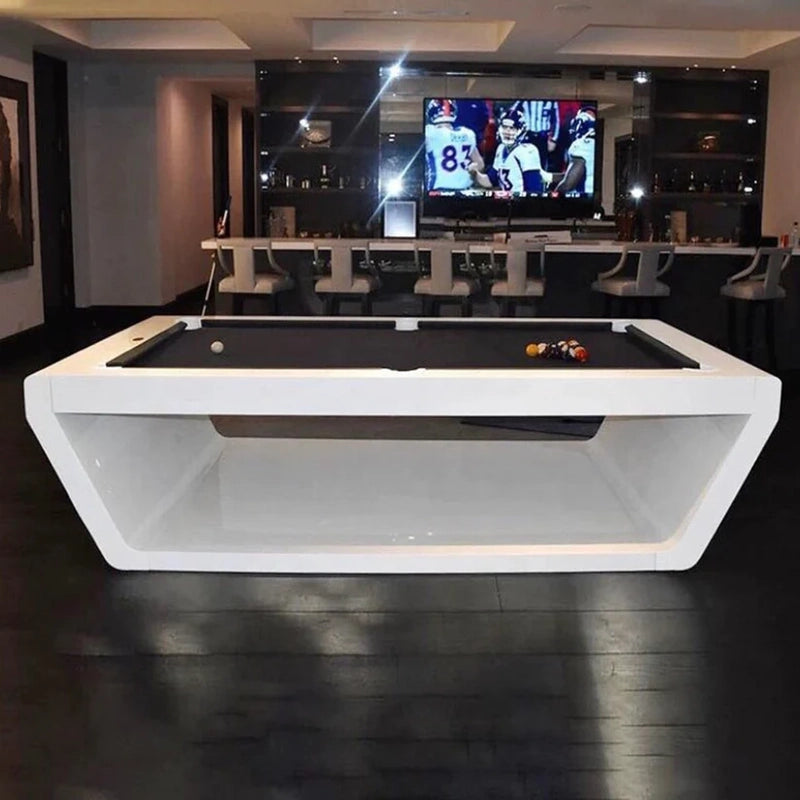 White Billiards Sofia modern pool table with white base and black felt in luxury lounge