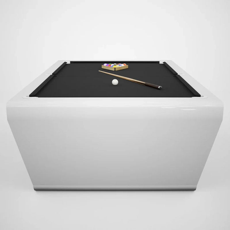 Front view of White Billiards Sofia designer pool table with sleek white frame and black felt