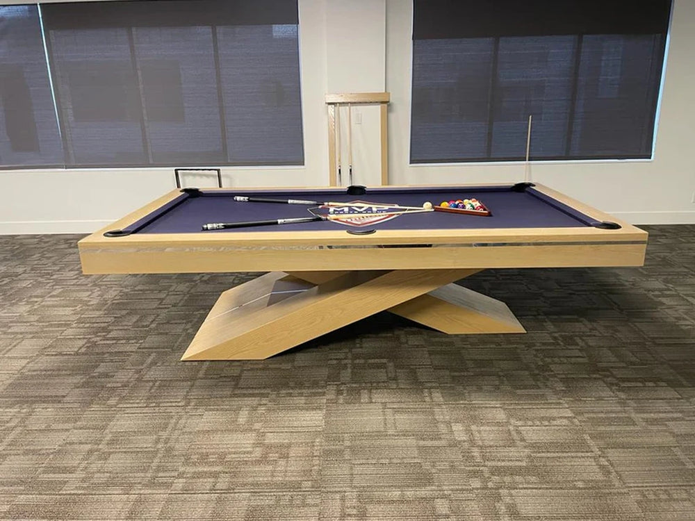 Side view of White Billiards Ultimate pool table featuring dark gray finish and sleek felt