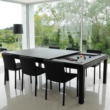White Billiards Alpha table with slightly opened dining cover showing pool setup beneath